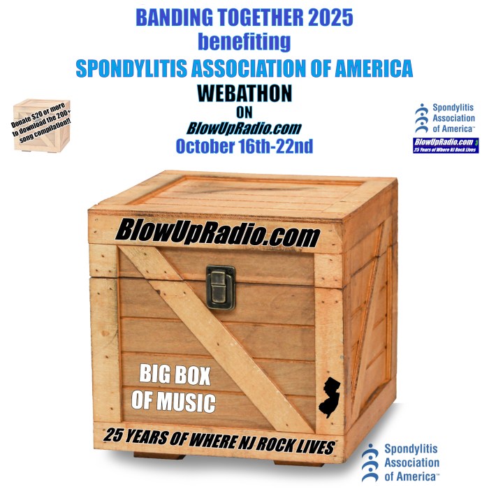 Graphic promoting BlowUpRadio.com's Banding Together benefit for the Spondylitis Association of America, October 16-22, 2025.