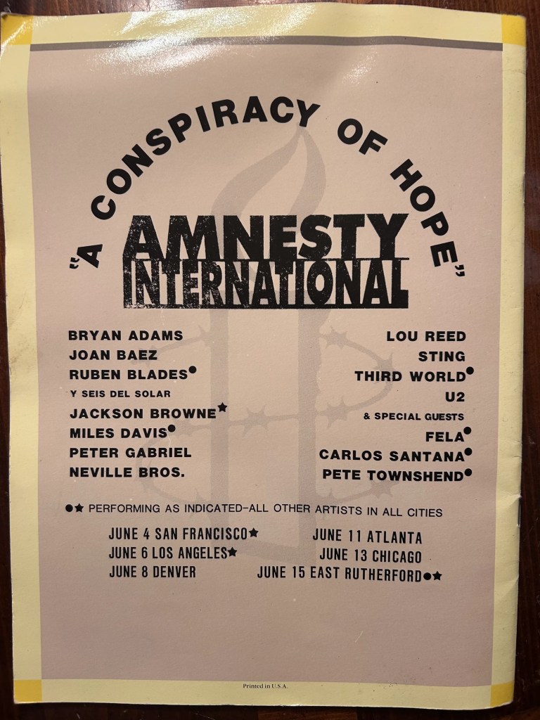 Back cover of the 1986 Amnesty International Conspiracy of Hope Tour program