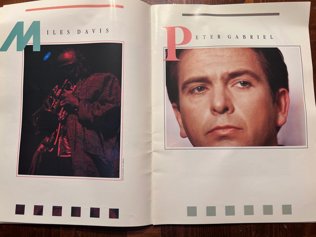 Two-page spread inside the Conspiracy of Hope Tour program featuring Miles Davis at left and Peter Gabriel at right with photos of each artist on their respective page.