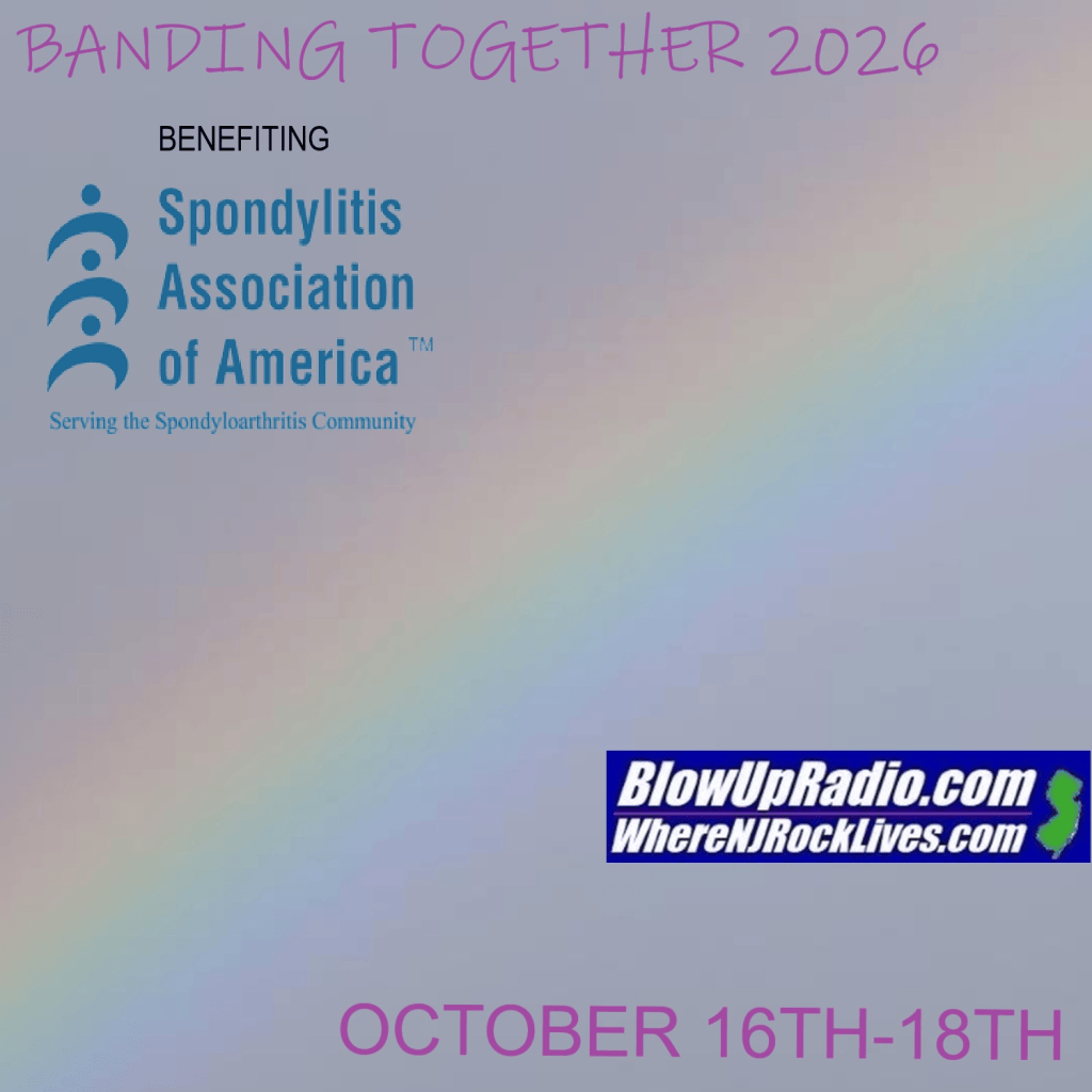 Graphic promoting BlowUpRadio.com's Banding Together benefit for the Spondylitis Association of America, October 16-18, 2026.